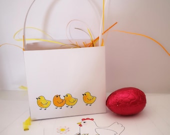 Cestas de Pascua imprimibles para colorear. Dos plantillas de "Gallinas y pollitos" para descargar y hacer cestas de papel. Tamaño A4 / Carta.