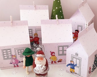 Printable Advent calendar. Big boxes. Large houses for Christmas village with illustrations of children playing in the snow.