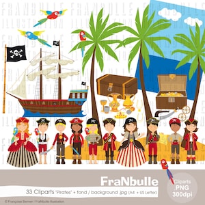 Cliparts pirates filles + garçons en costumes rouge et noir, 33 illustrations .png avec îles, coffres, trésors, bateau, accessoires et fond