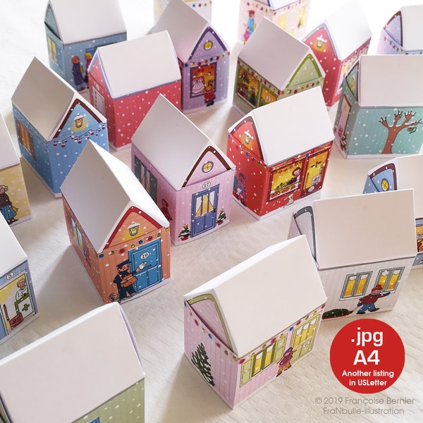 Petites maisons, boîtes pour calendrier de l’Avent à imprimer. Village sous la neige. Fichiers A4. Décors en papier pour le sapin de Noël.