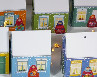 Boxes miniature houses, dachas, packaging for small guest gift, decoration theme Russia, printable paper russian village, table centerpiece.