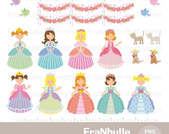 Illustrations princesses, fourniture créative, JPEG et PNG à fond transparent, images princesse, guirlande de fleurs, chat, oiseau, chien