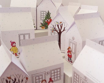 Calendrier de l’Avent à imprimer. Boites maisons miniatures pour village de Noël avec décor et illustrations d'enfants jouant dans la neige.