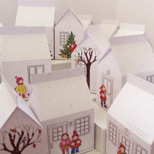 Adventskalender zum Ausdrucken. Miniaturhauskästen für das Weihnachtsdorf mit Dekor und Illustrationen von im Schnee spielenden Kindern.