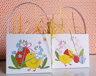 Easter printables large baskets. Easter big baskets to print and to do in paper, white baskets decorated with chicks and forget-me-nots.