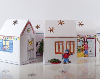Advent calendar Village without nativity scene for colouring. Printable advent village. Calendar boxes. A4 and US Letter format files.