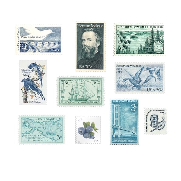 Blue & Green Assortment | Postage | Winter | Navy Blue | Unused | Stamps | Curated | Postage | Set of 10 | US | Wedding Postage