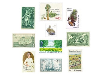 Green Assortment | Vintage Postage | Unused | Postage Stamps | Mix | Postage | 10 Stamps | US | Nature | Wedding Postage | Botanical