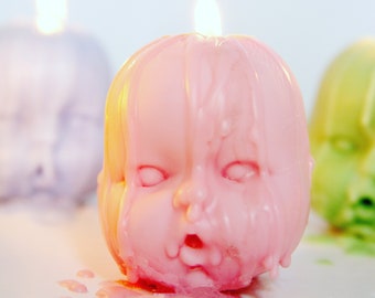 Cute Creepy Baby Doll Head Candles Small, Unique Scented - Personalised, Funky, Gift Talking Point, Custom Hand Made Colours Soy Wax Vegan