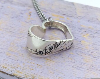 Silverware Heart Necklace, Silver Spoon Jewelry, Floral Pendant, 'Bridal Wreath' 1950, Love, Vintage Wedding, Cutlery, Upcycled, Mid Century