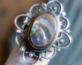 Vintage Abalone Sterling Mexico Ring Eagle Hallmark