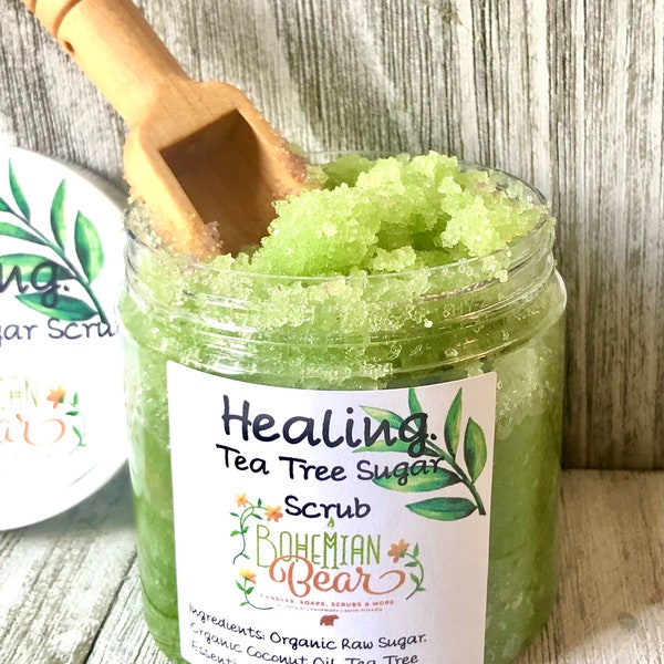 Scrub allo zucchero biologico curativo, Scrub corpo all'albero del tè naturale, Scrub corpo lenitivo, Scrub corpo all'albero del tè, Smalto biologico per il corpo, Scrub allo zucchero