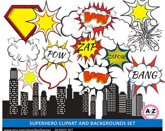 SUPERHERO clip art and backgrounds set of 20 designs - pow - bang - bam - city - clouds - superhero bubbles - red and blue-  300 dpi images