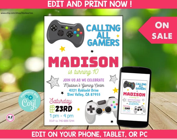Gaming Party Invitation Video Game Design For Girls Game Etsy Singapore