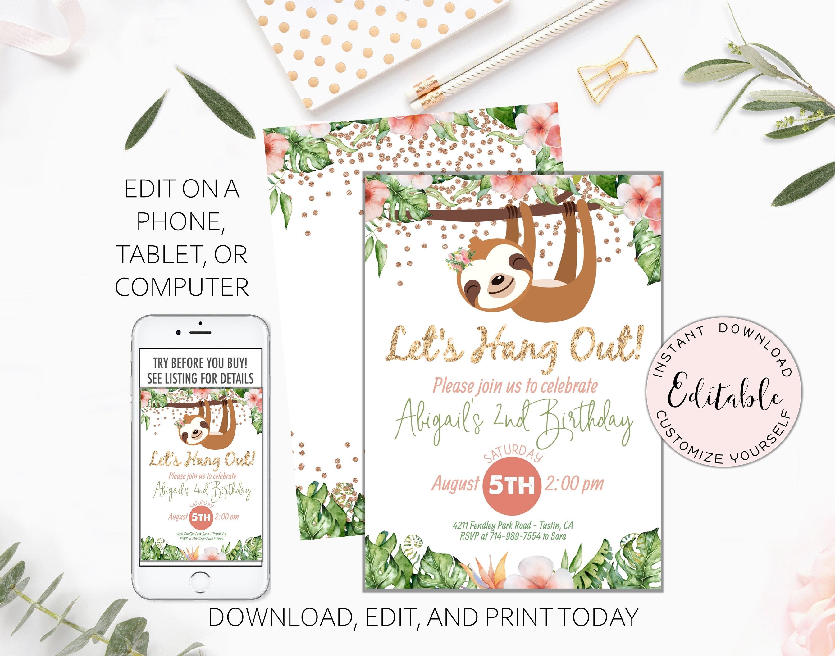 SLOTH Party Invitation Editable Design Sloth Girl Birthday - Etsy