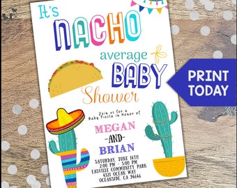 Nacho average baby shower, Taco Bout a Baby, Taco Party, Baby Shower, Fiesta, Boy or girl, Cactus, Fiesta Shower, Editable Invitation, Baby