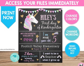 1st Day of School Sign, Unicorn, magical, Kindergarten, Any Age, Editable, Reusable, First, Last Day of School, Edit Now, Print Now, Corjl