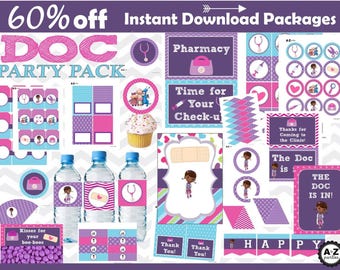Doc McStuffins Birthday Party Package, over 100 items, Instant Download, bundle, Invitation, Set,  Download, Doc Party Printables, cupcake