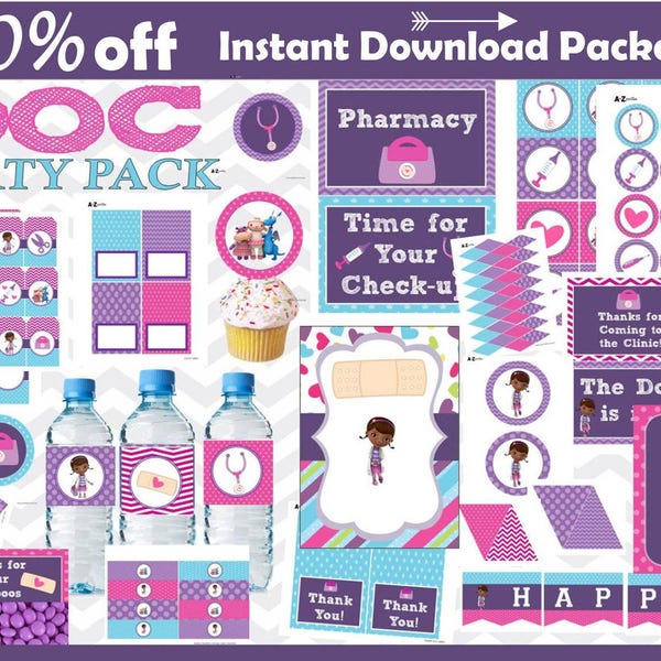 Doc McStuffins Birthday Party Package, over 100 items, Instant Download, bundle, Invitation, Set,  Download, Doc Party Printables, cupcake