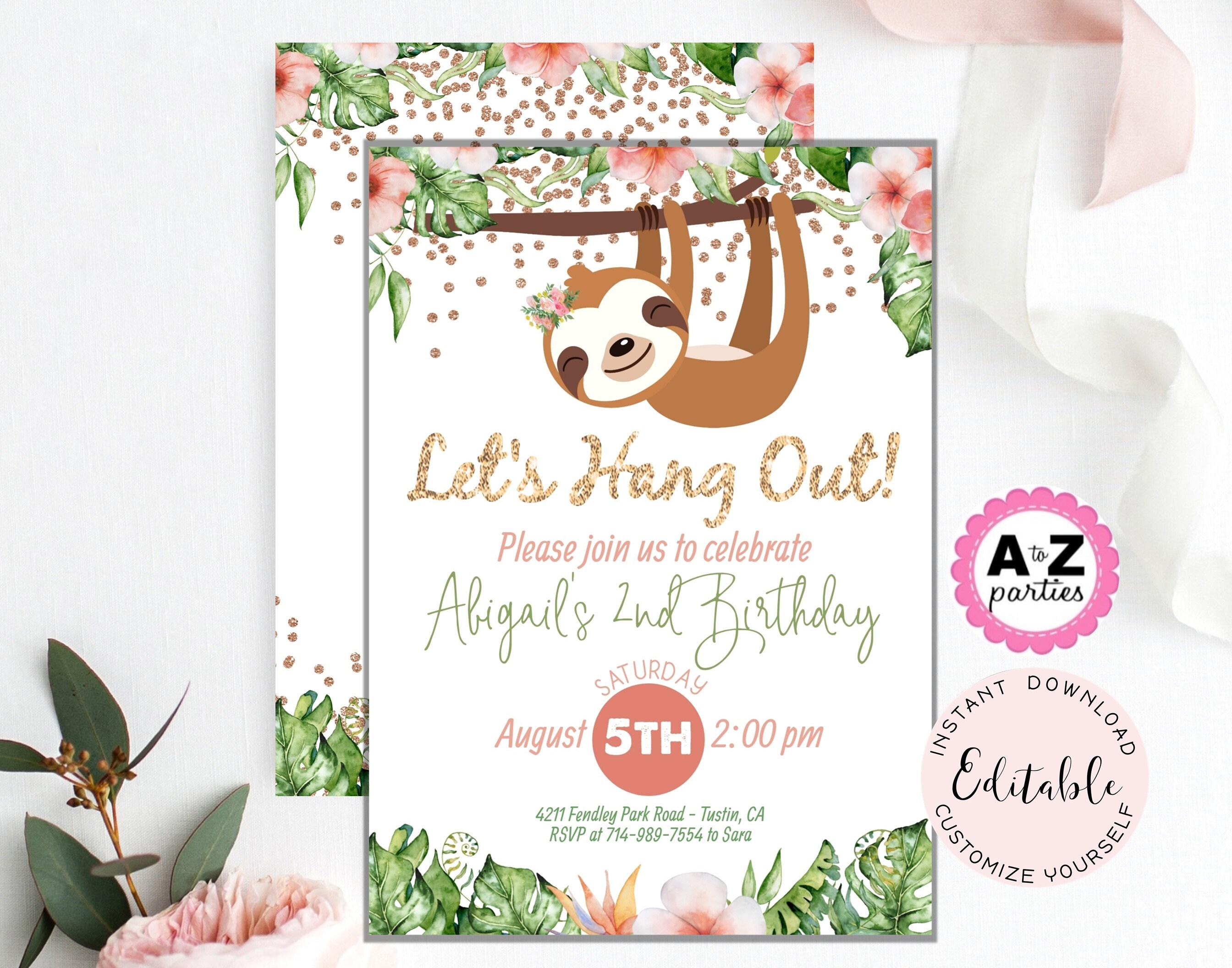 SLOTH Party Invitation Editable Design Sloth Girl Birthday - Etsy