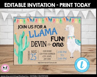 Llama Birthday Invitation - Edit on your own - Templett - Llama birthday party - llama fun - llama party invitation - decorations print now