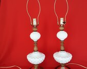 Vtg Pair Fenton Quilted Milk Glass Wood Brass Plated Metal Tall Lamps w Harps 3 way Shabby Chic Accent Lighting Dresser Desk End Table Lamps