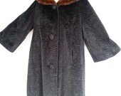 Vintage Borre Styled by Sportowne Black Faux Persian Lamb Fur Coat w Brown Real Mink Fur Collar Raglan Sleeves Glam Chic Size M-L
