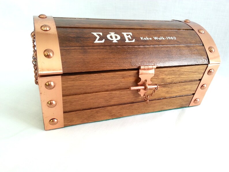 Vintage Wooden Pirate Treasure Small Chest Trunk Trinket Jewelry Storage Box Removable Tray Domed Hinged Lid Copper Latch Tacks Edges