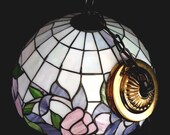 Vintage Domed Pendant Slag Stained Glass Hanging Lamp Swag Tiffany Style Pastel Floral Design Art Glass One Light Fixture w Chain and Canopy