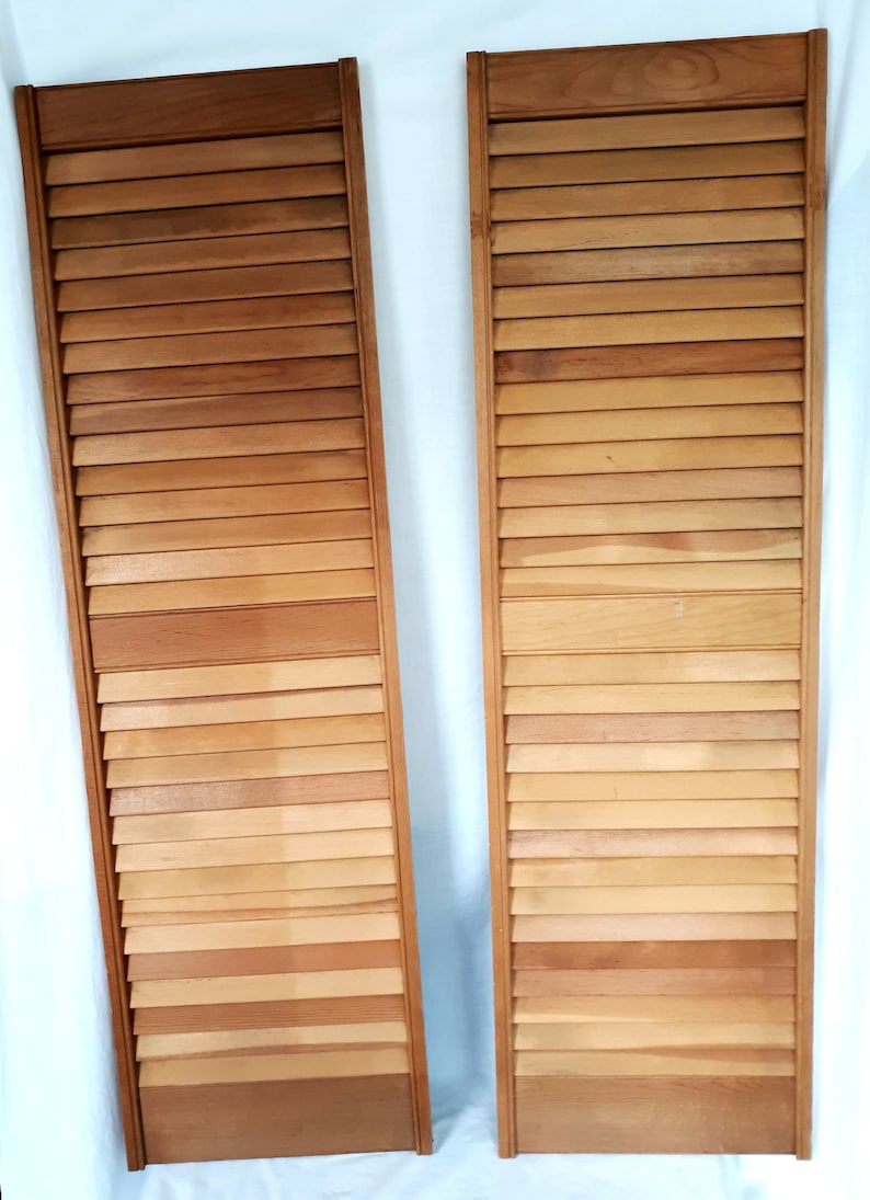 Vintage Custom Made Set Of 2 Wood Panels Unfinished Fixed Louvers Shutters W Center Horizontal Mullion Interior Decorative Shutters Nos