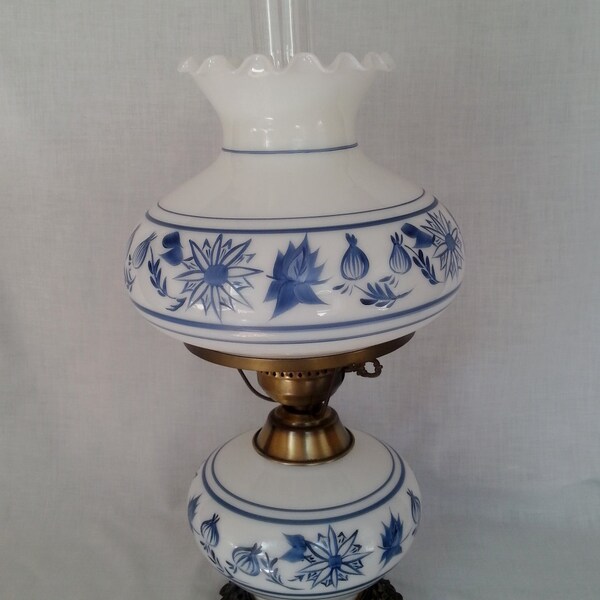 Vtg GWTW Style Parlor Table Large Tall Hurricane Lamp Blue Onion Pattern Hand Painted Floral Glass 3 Way Electric Lamp w/Shade and Chimney