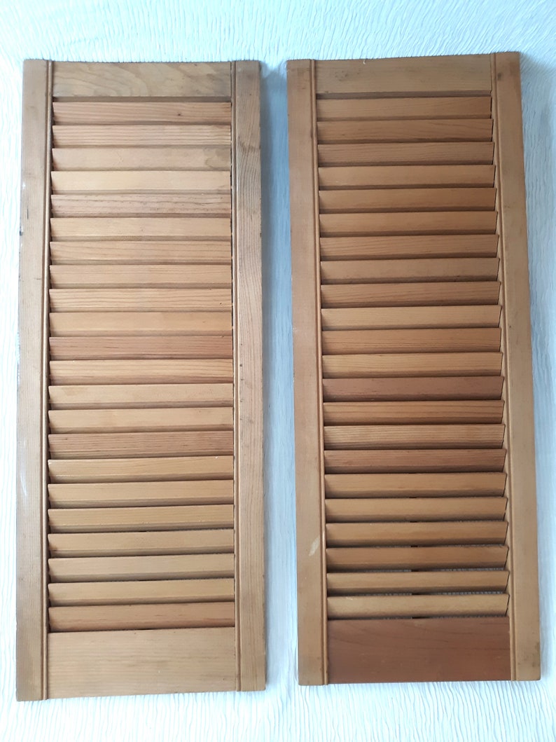Vintage Pair Wooden Interior Plantation Style Louvered Window Shutters Natural Wood Color Kitchen Cabinet Doors Rustic Decor Nos