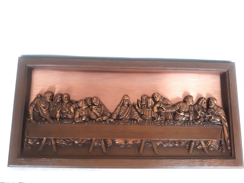 Vtg Coppercraft Guild The Last Supper Long Wall Plaque 3d Copper Hanging Art Resin Frame Religious Catholic Apostles Made In Usa