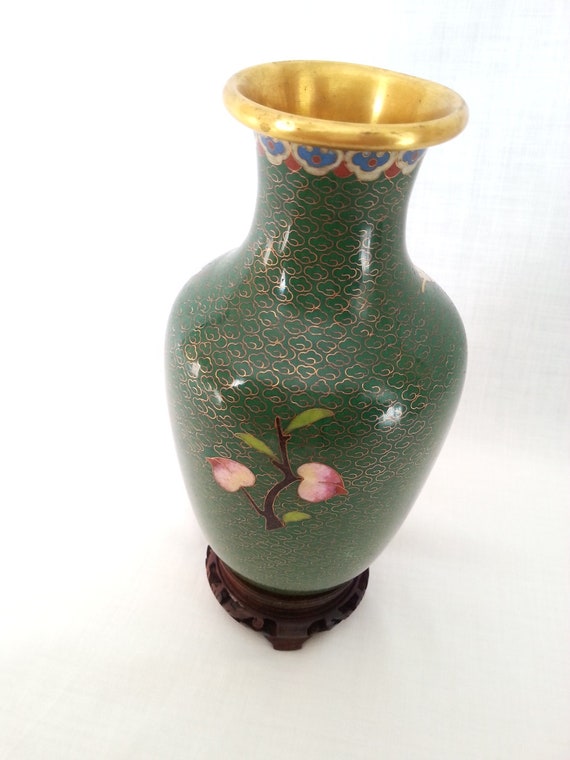 Vintage Chinese Cloisonne Enamel /& Brass Vase Table Lamp Wooden Stand 14 IN