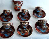 Vtg Satsuma Moriage Demitasse Porcelain Hand Painted Colorful Heavy Gilt Tea Coffee Set Creamer 13 PCS Betson Japan Raised Geisha Designs