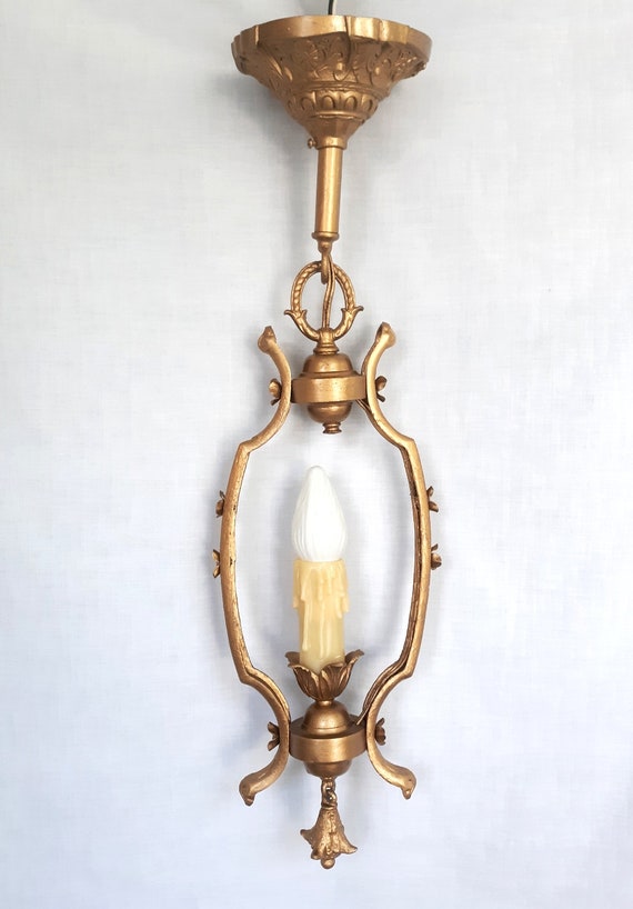 Antique Vintage Ceiling Pendant Light Chandelier Lamp Fixture Neoclassical Entry Hall Gold Color Metal Hanging Ornate Rewired Red - Metal Pendant Lamp Chandelier Antique Vintage Ceiling Pendant Light Chandelier Lamp Fixture Neoclassical Entry Hall Gold Color Metal Hanging Ornate Rewired Red - Metal Pendant Lamp Chandelier