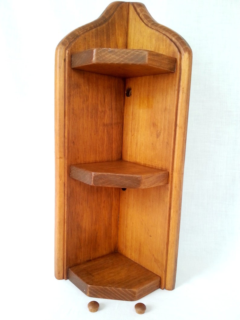 Vintage Hand Crafted Oak Wood Rustic Corner Shelf 3 Tier Shelves Decorative Wall Hanging Or Stand Alone Display