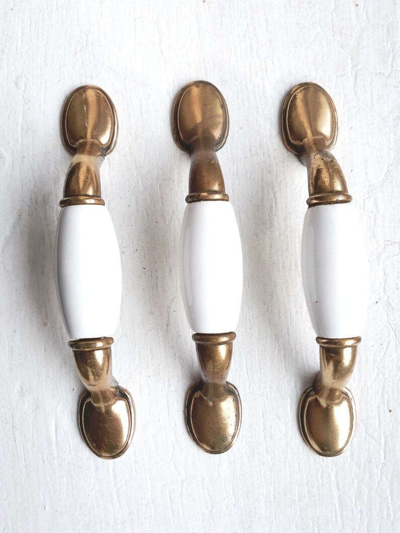 Vintage Brass Set of 3 Pulls w Ceramic White Centers Cabinetry Doors Drawer Hardware Restoration Furniture Replacement Handles