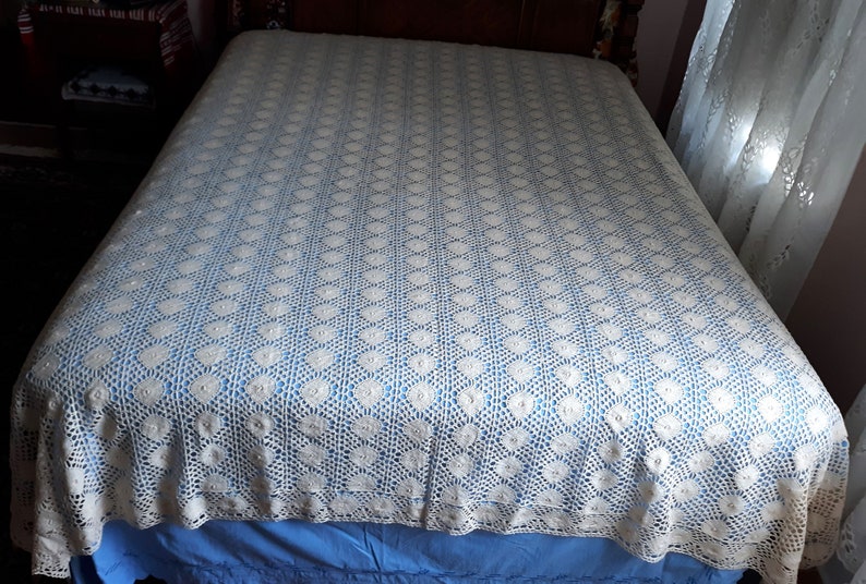 Vintage Cotton Crochet Bedspread Ecru Cotton Thread Handmade Etsy