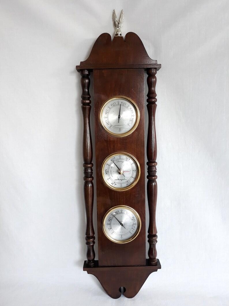 Vintage Airguide Weather Station 3 Gauges Barometer Thermometer Hygrometer Wooden Frame Columns Eagle Wall Decor