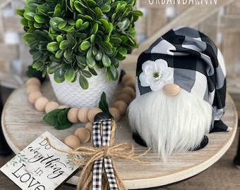 Spring Black White Buffalo Plaid Gnome, Farmhouse Gnome, Tiered Tray Plaid Decor, Buffalo Plaid Decor, Farmhouse Tiered Tray Handmade Gnomes