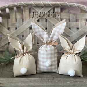 Geruite boerderijstof konijntjes SET VAN 3, groenblauw boerderij Pasen, lentedecor, stoffen konijntjes, stof konijntjes, handgemaakt met liefde