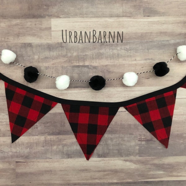 Red and Black Buffalo Plaid Fabric Banner, Red & Black Buffalo Plaid Christmas Mantle, DOUBLE SIDED BANNER, Lumberjack Buffalo Mantel