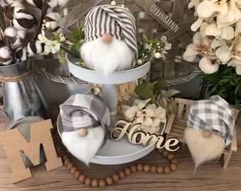 Grey and White Plaid Gnome, Farmhouse Gnome, Gnome Gift, Stocking stuffer, Gnome gift, Slouchy Hat Check Gnome, Tiered Tray Decorations