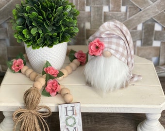 Spring Floral Farmhouse Gnomes, Rose Gold Floral Gnome, Easter Gnomes, Floral Wood Garland, Tiered Tray Decor Tray Farmhouse Decor