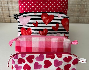 Valentine's Zippered Pouch, Valentine's Cosmetic Bag,  Accessory Pouch, Valentine's Makeup Bag, Hearts Pencil Holder, Stripped Valentine's
