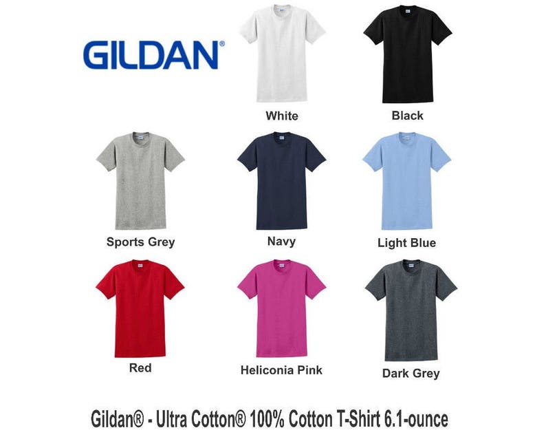 Puede incluir: Una camiseta Gildan Ultra Cotton 100% algod&oacute;n en 10 colores diferentes: blanco, negro, gris deportivo, azul marino, azul claro, rojo, rosa heliconia, gris oscuro. La camiseta pesa 6,1 onzas.