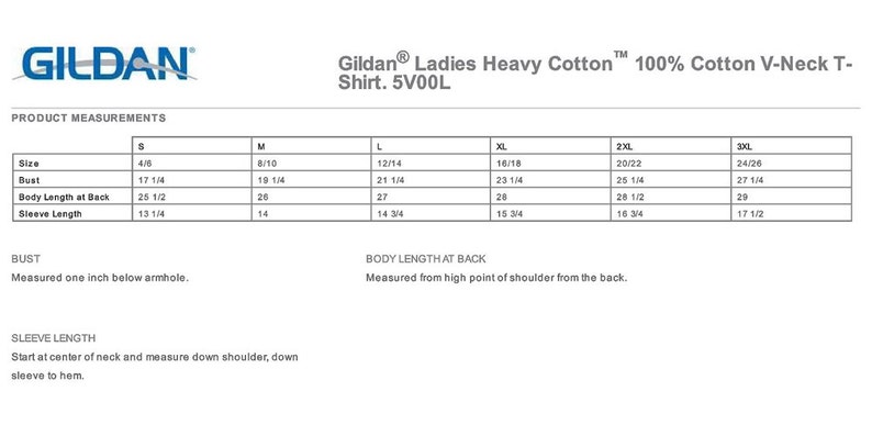 May include: A size chart for a Gildan Ladies Heavy Cotton 100% Cotton V-Neck T-Shirt. The chart shows the size, bust, body length at back, and sleeve length in inches for sizes S, M, L, XL, 2XL, and 3XL.