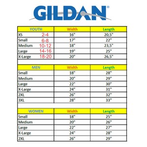 May include: A size chart for Gildan t-shirts, showing width and length measurements in inches for youth, men's, and women's sizes.