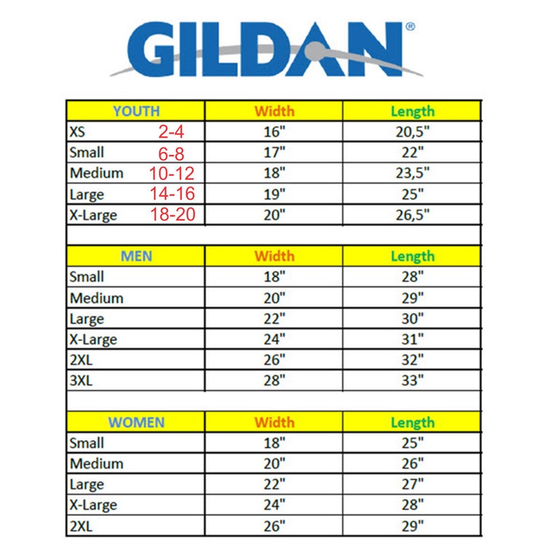 May include: A size chart for Gildan t-shirts, showing width and length measurements in inches for youth, men's, and women's sizes.